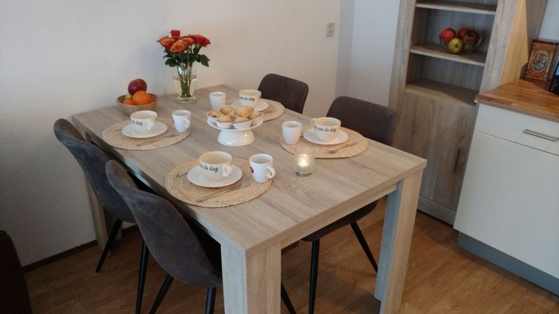 Gemuetlich gedeckter Esstisch in De Pelikaan Apartments, De Koog, Texel mit Geschirr und frischen Blumen.