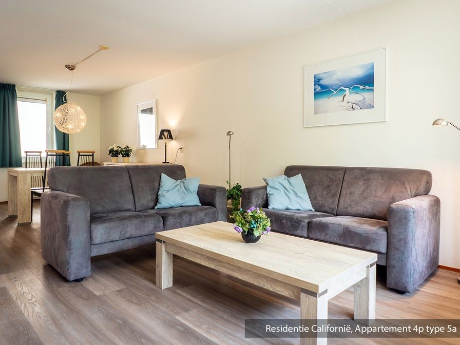 Gemuetliches Wohnzimmer im Ferienhaus Typ 5A, De Koog, Texel, mit bequemen Sofas und dekorativen Kunstwerken.