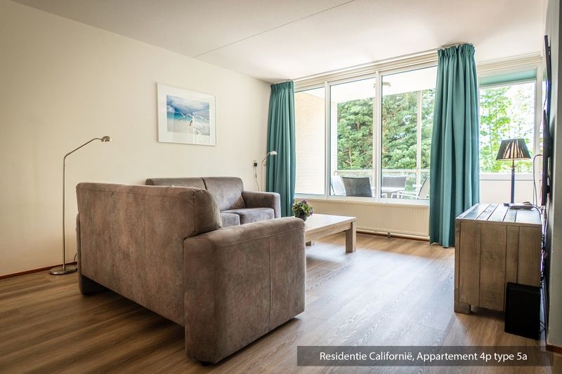 Helles Wohnzimmer in einer Unterkunft vom Typ 5A, De Koog, Texel, mit grossem Fenster und Blick auf die Natur.