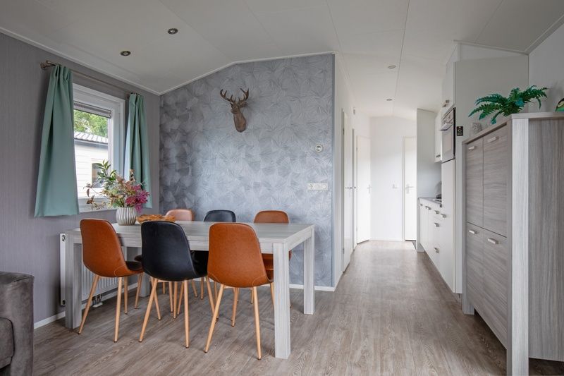 Stylish dining room in Chalet Bregkoog 12, De Koog, Texel on the Wadden Islands, with an inviting dining table.