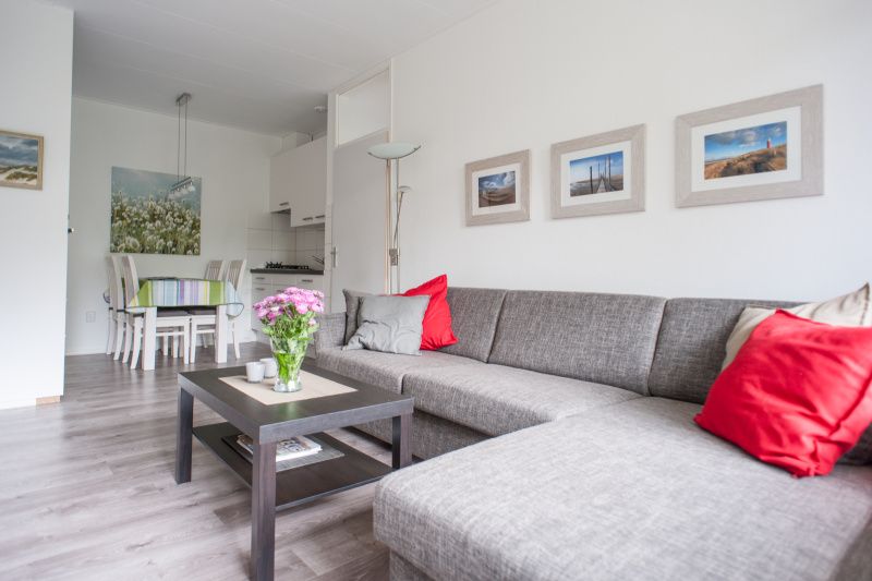 't Kerckeland - Apartment Kerckeland 92, Texel: Comfortable sitting area in the living room with artistic wall decoration.