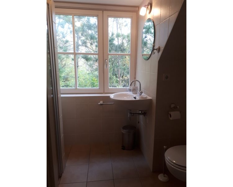 Bathroom with large windows in Pauwenhof Texel vacation home in De Koog overlooking nature.