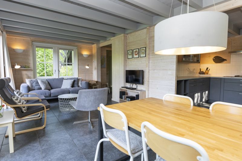 Dining area in The Boshuis, Holiday Park Het Oude Dijkje, De Koog, Texel with spacious dining table and modern lamp.