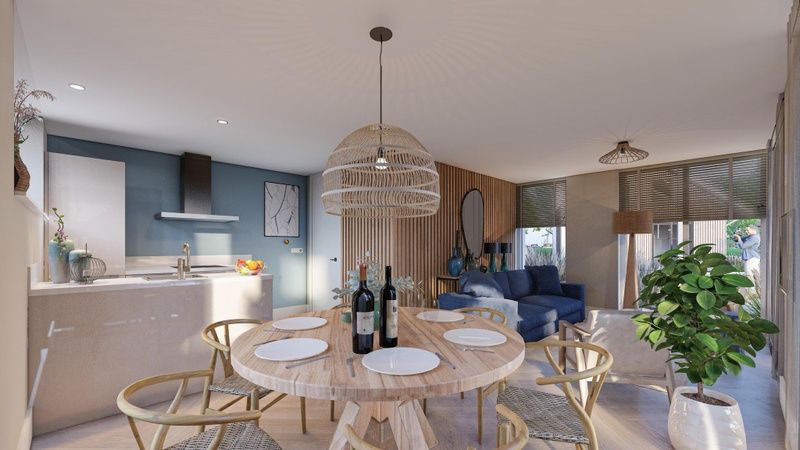 Open kitchen and dining area in Duinvilla Wellness 6, De Koog, Texel, with modern furnishings.