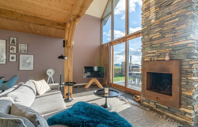 Comfortable sitting area with fireplace in Holiday home in De Koog Texel, overlooking the Wadden Islands garden.