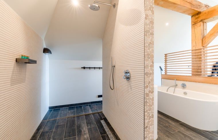 Luxury walk-in shower in Holiday home in De Koog Texel, ideal for a refreshing experience on the Wadden Islands.