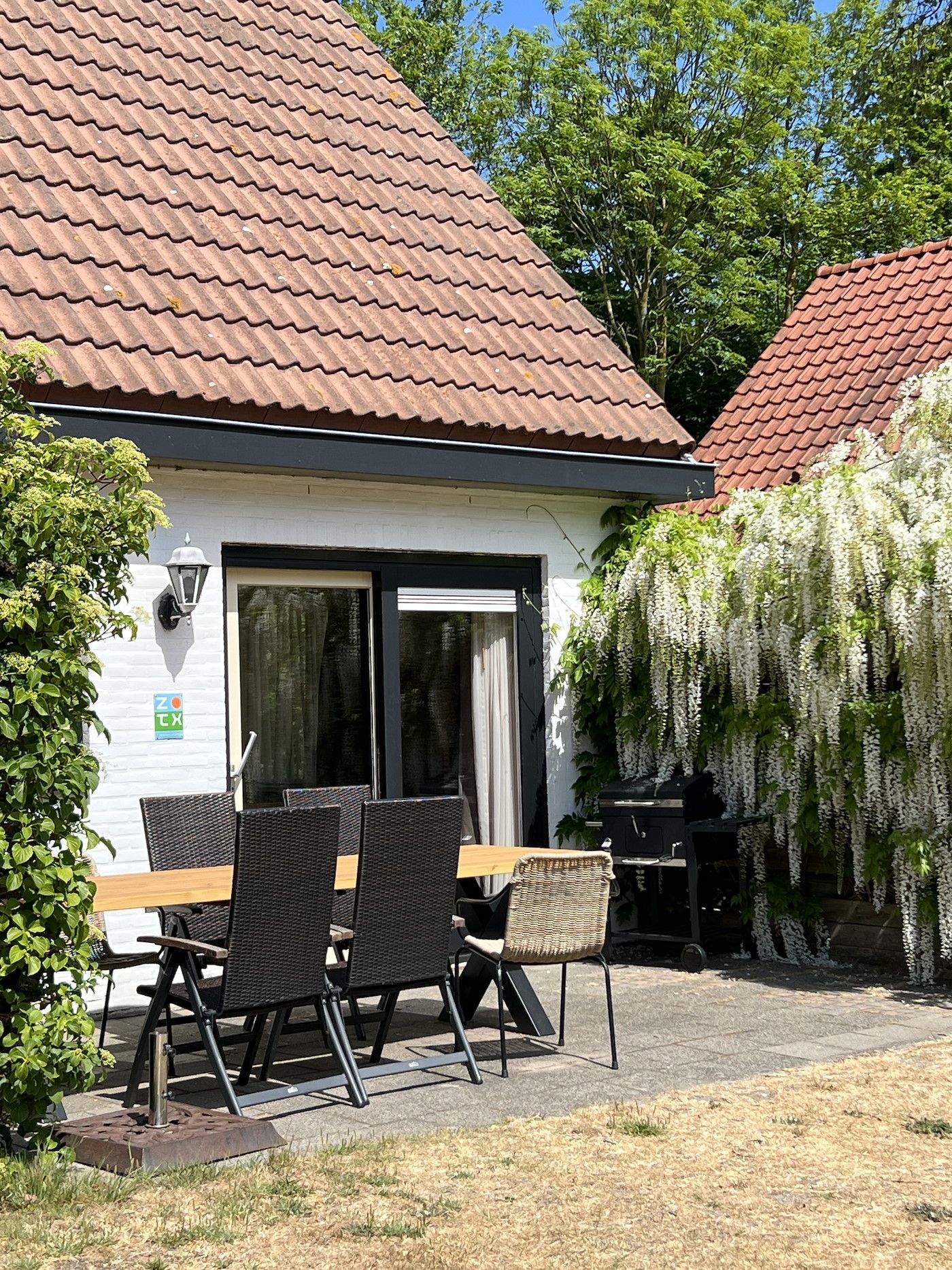 Terrace of Koetshuis 3 vacation home in De Koog, Texel with dining table and green planting.