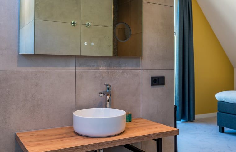 Sauna im Ferienhaus in Den Burg, Texel, mit Inneneinrichtung aus Holz und Glastuer.