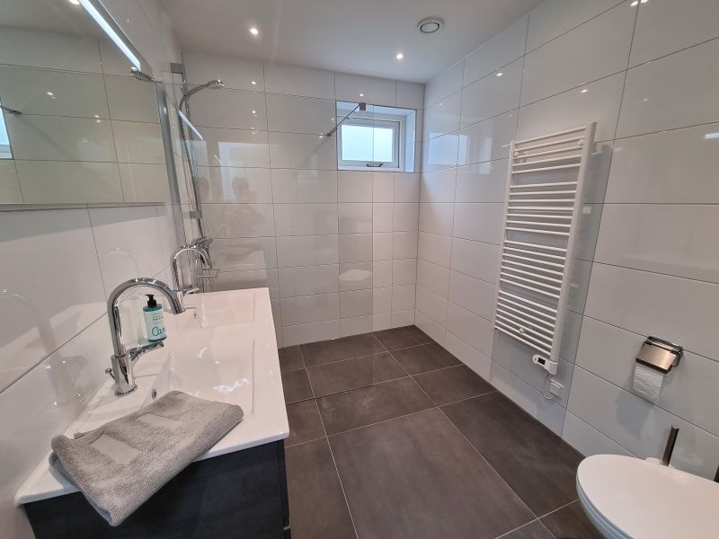 Stylish shower and sink in vacation home Schoonoordsingel 29a, Den Burg, Texel, for ultimate comfort.