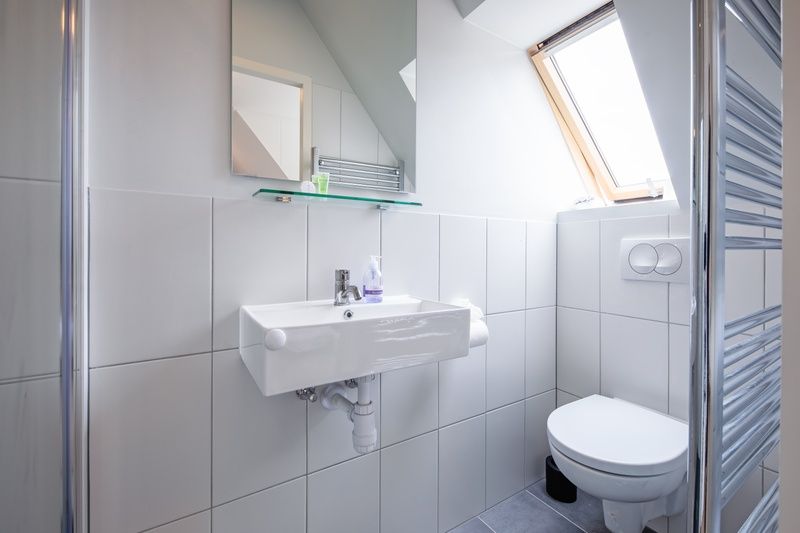 Compact bathroom with shower in Hotel Loodsmans Welvaren - Apartment, Texel.