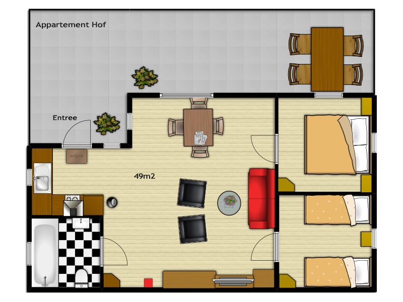 Floor plan of Apartment Hof, Den Hoorn, Texel, vacation accommodation with two bedrooms.