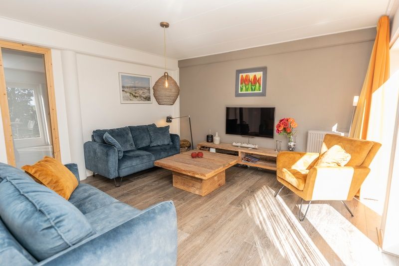 Helles Wohnzimmer im Ferienhaus Sil, Den Hoorn, Texel mit moderner Einrichtung und farbigen Akzenten.