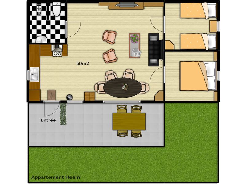 Plattegrond van Appartement Heem, Den Hoorn, Texel, met een overzicht van de indeling en voorzieningen van de vakantiewoning.