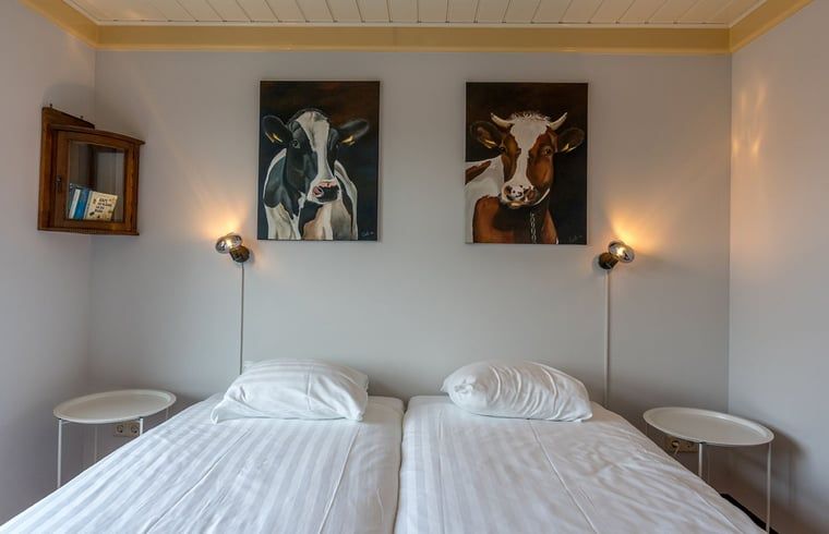 Bedroom in Holiday Home in Oosterend, Texel, with two single beds and artwork.