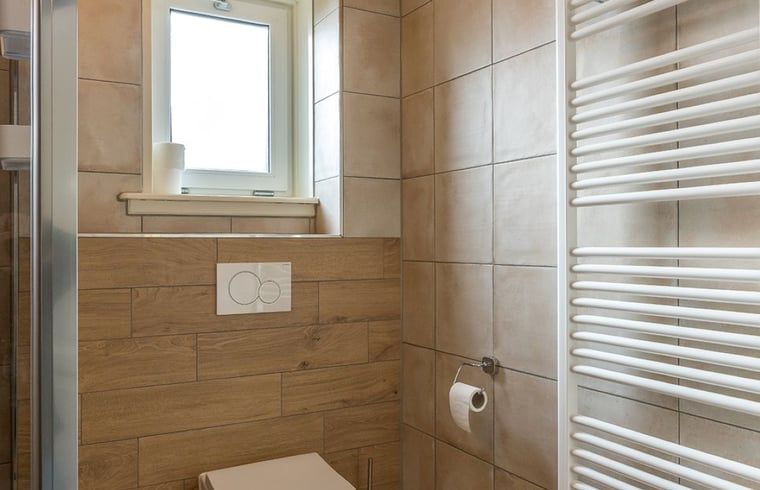 Stylish bathroom with toilet and tiling in Holiday cottage in Oosterend, Texel.