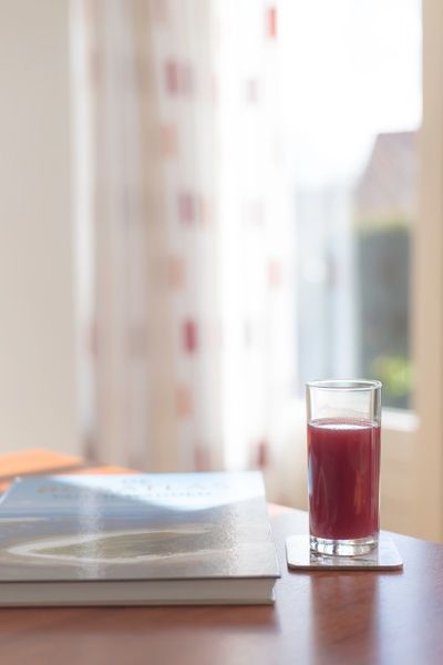 Relaxation in Type III - No. 21B Pheasant, Oosterend, Texel with a glass of juice and a book.