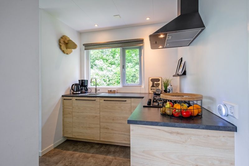 Modern kitchen overlooking greenery in vacation home Bungalowpark De Toes - Zeewier, Oosterend, Texel.
