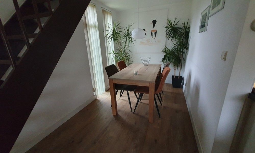 Stylish dining room with plants in Alkema bungalow rental Gortersmient, vacation home in Dennenbos Texel.