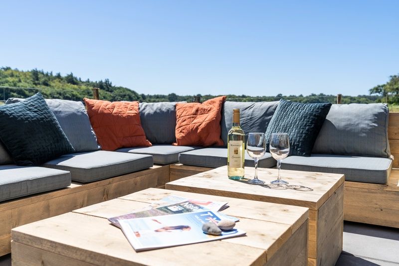 Cozy sitting area on the terrace of Holiday Home 2 in De Dennen, Texel with cushions and wine.