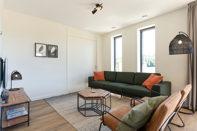 Comfortable living room of Holiday Home 2 in De Dennen, Texel with green sofa and decorative elements.