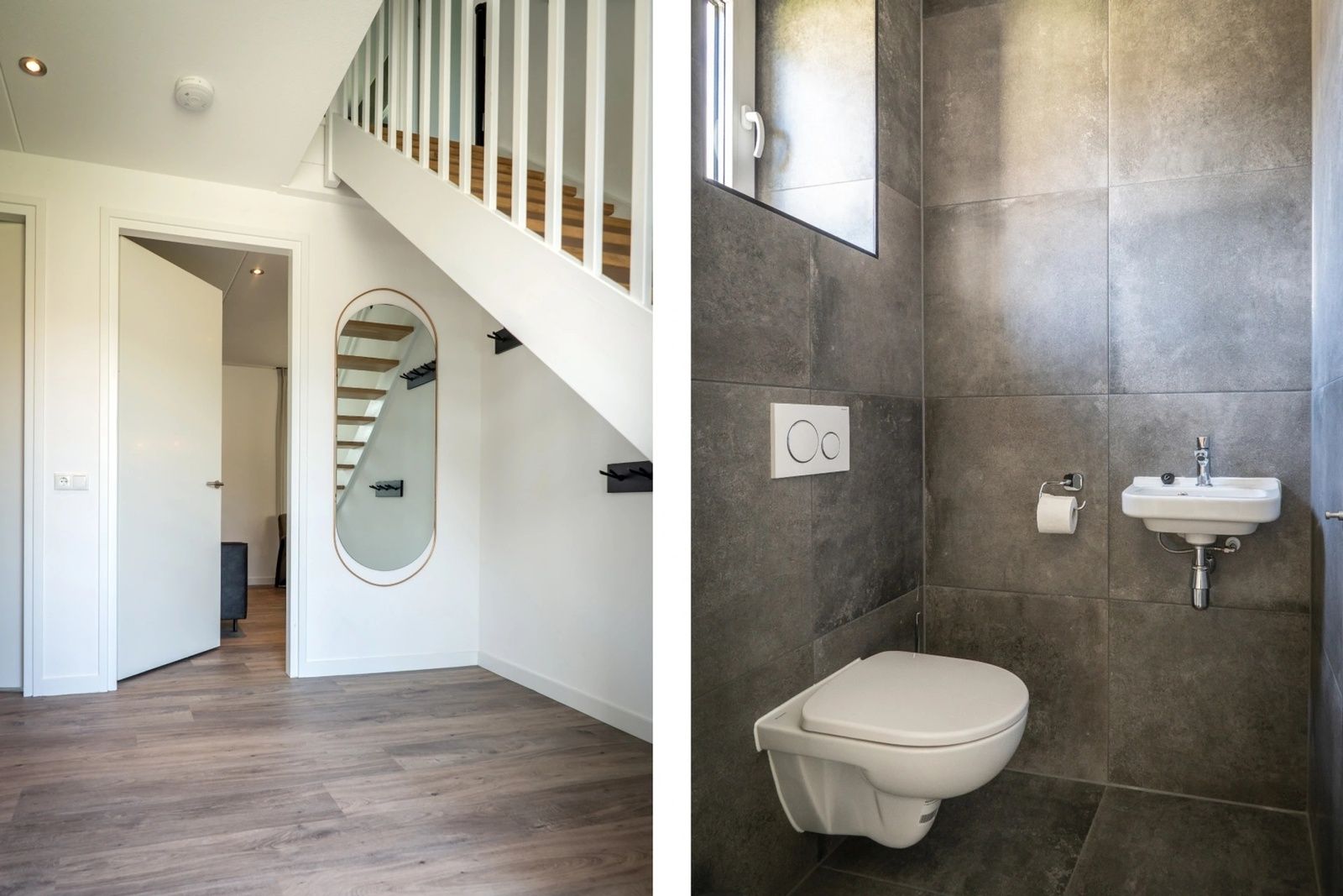 Entree en badkamer in Vakantiepark De Koorn-aar Villa, Texel met strakke afwerking.