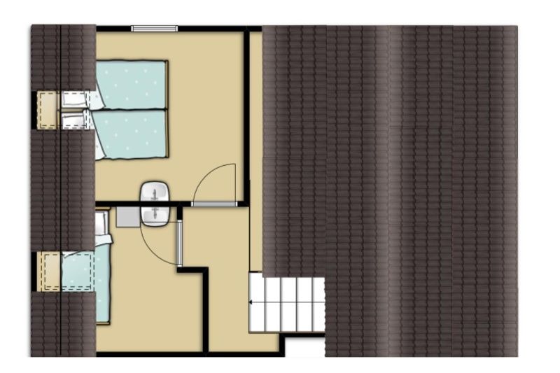 Grundriss Obergeschoss Ferienhaus Gortersmient 330, Texel mit Schlafzimmern.