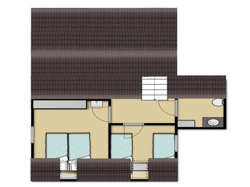 Floor plan of upper floor Holiday home Gortersmient 356, De Dennen, Texel. Spacious bedrooms on the Wadden Islands.