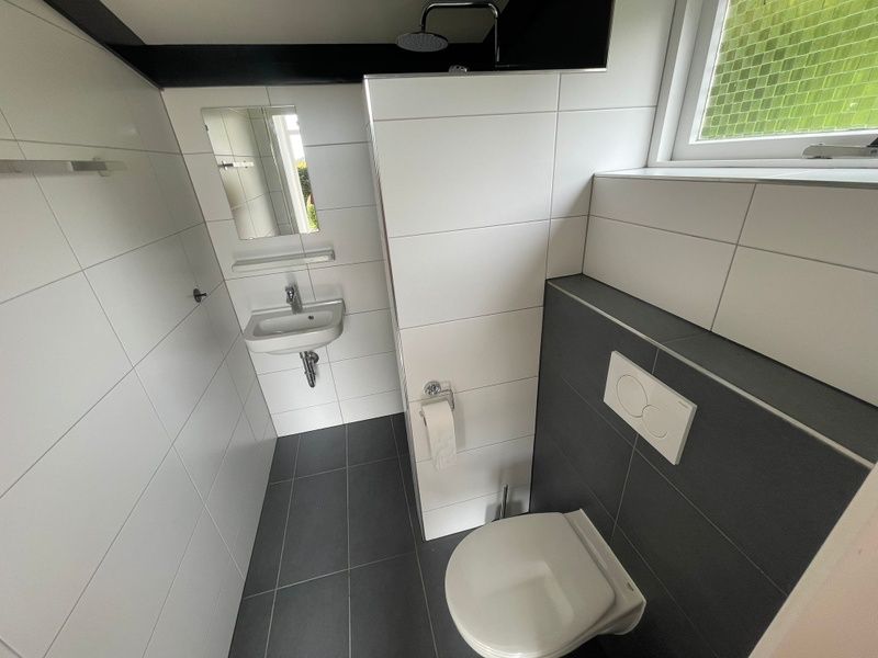 Modern bathroom in vacation home Wollewei, De Dennen, Texel, with toilet and sink.