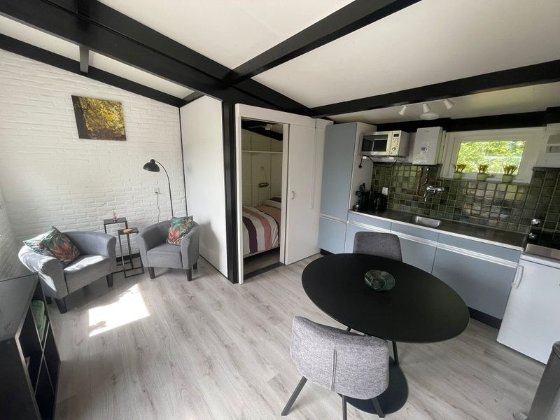 Cozy living room of Wollewei vacation home in De Dennen, Texel, with sitting area and kitchen.