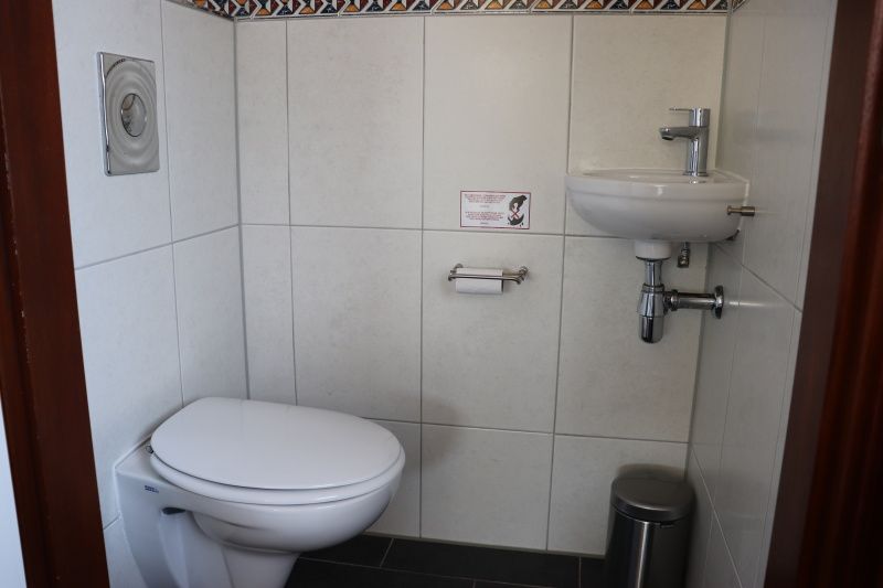 Compacte badkamer in Vakantiehuis Gortersmient 216, De Dennen, Texel met toilet en wastafel.