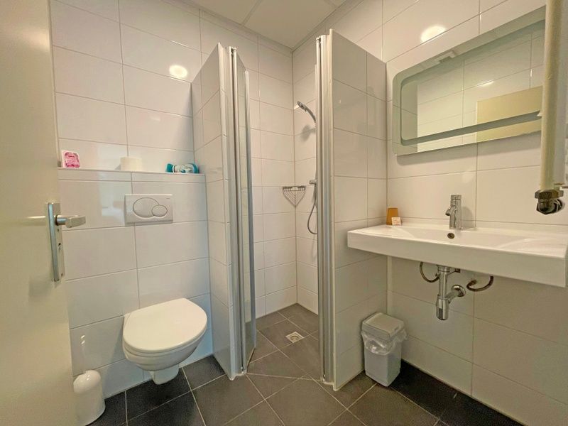Fresh bathroom in Apartment Bos en Duin 04, De Dennen, Texel with shower cabin and modern sink.