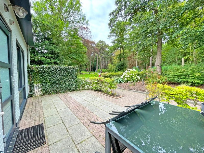 Private terrace of Apartment Bos en Duin 04, De Dennen, Texel overlooking the wooded landscape.