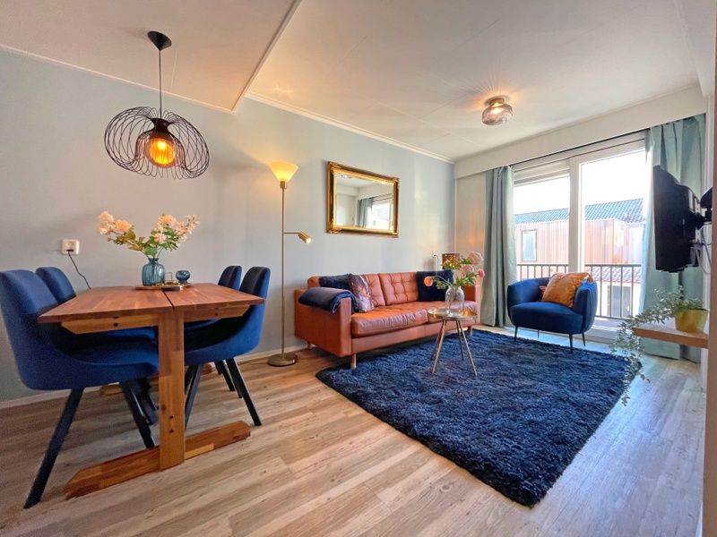Stylishly furnished sitting area in Apartment Bos en Duin 27, De Dennen, Texel with comfortable sofa and decorative elements.