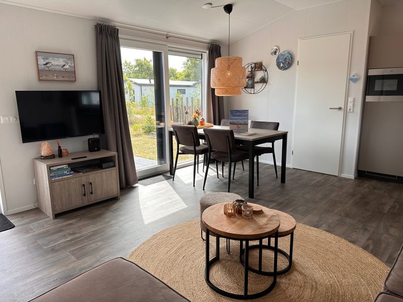 Modern living room of Chalet Wulk in Vakantiepark de Bremakker, Texel, with lots of light in De Dennen.