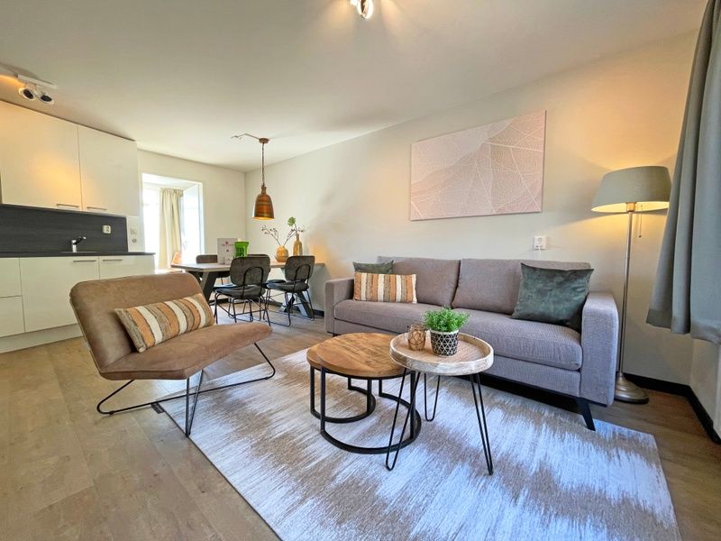 Gemuetliche Sitzecke im Apartment Bos en Duin 09, Ferienunterkunft in De Dennen, Texel mit Sofa und Sesseln.