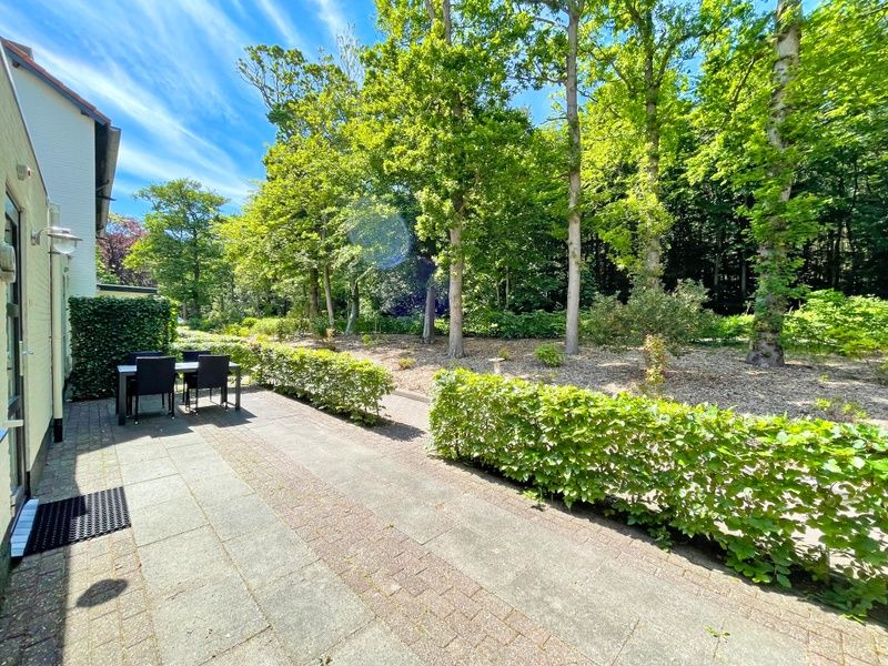 Terrasse des Appartements Bos en Duin 09, De Dennen, Texel mit Blick auf den Wald und Gartenmoebel.