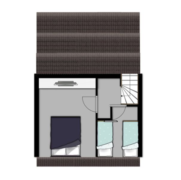 Plattegrond bovenverdieping van vakantiehuis Gortersmient 224, Bungalowpark Gortersmient, De Dennen, Texel.