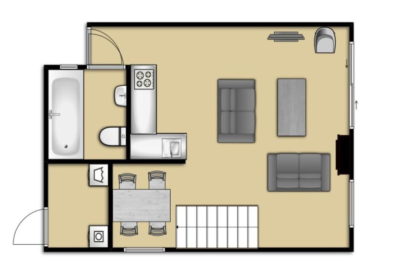 Grundriss des Erdgeschosses im Ferienhaus Gortersmient 234, De Dennen, Texel fuer eine klare Aufteilung.