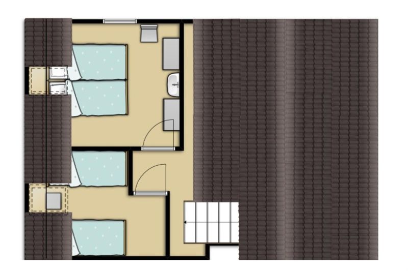 Plan des Obergeschosses im Ferienhaus Gortersmient 234, De Dennen, Texel mit komfortablen Schlafzimmern.