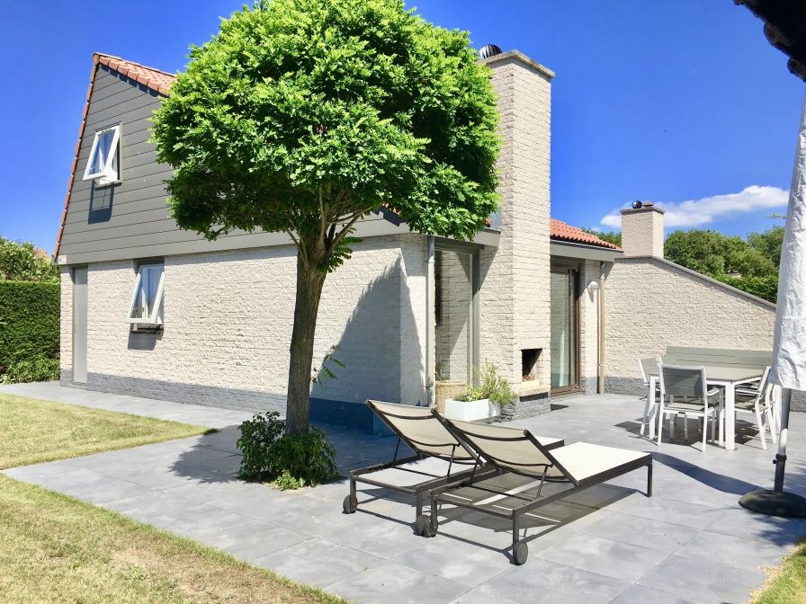Ferienhaus Gortersmient 358 in De Dennen, Texel mit sonniger Terrasse und gruener Umgebung.