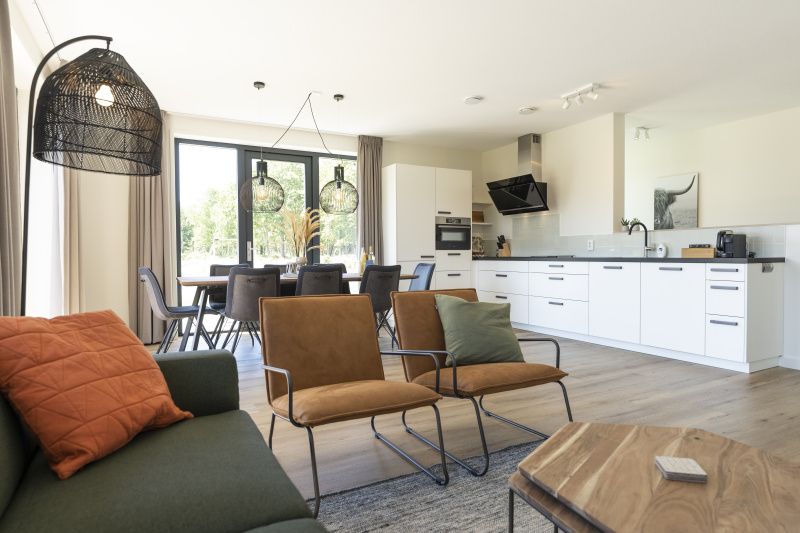 Stilvolles Wohnzimmer des Ferienhauses 1 in De Dennen Texel, mit moderner Kueche und gemuetlicher Sitzecke.