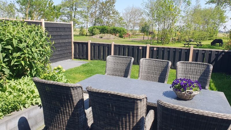 Sunny terrace at Helianthus vacation home in De Dennen, Texel overlooking nature.