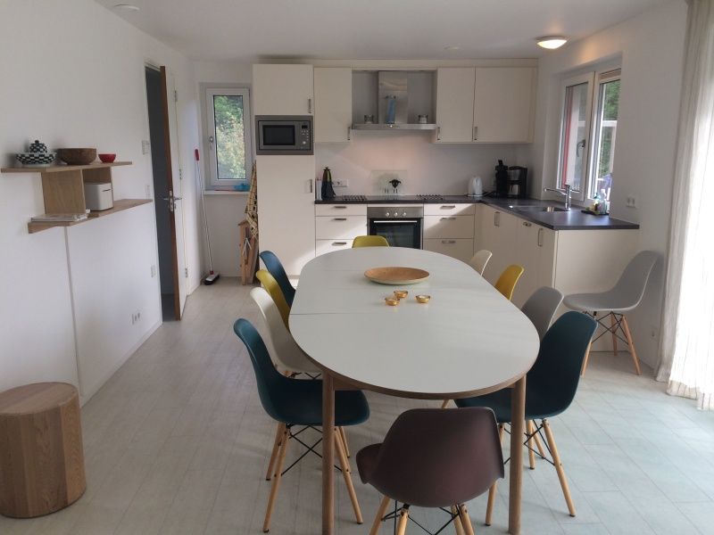 Kitchen of Vijverhof vacation home in De Dennen, Texel with modern appliances and dining table.