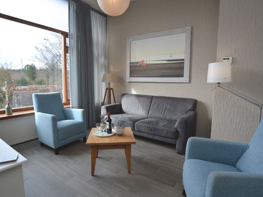 Gemuetliches Wohnzimmer im Ferienhaus Lelie, De Dennen, Texel mit bequemer Sitzecke und grossen Fenstern.