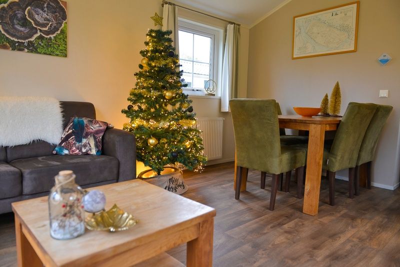 Festive Christmas decorations in Holiday Park De Koorn-aar Type F, De Dennen, Texel.