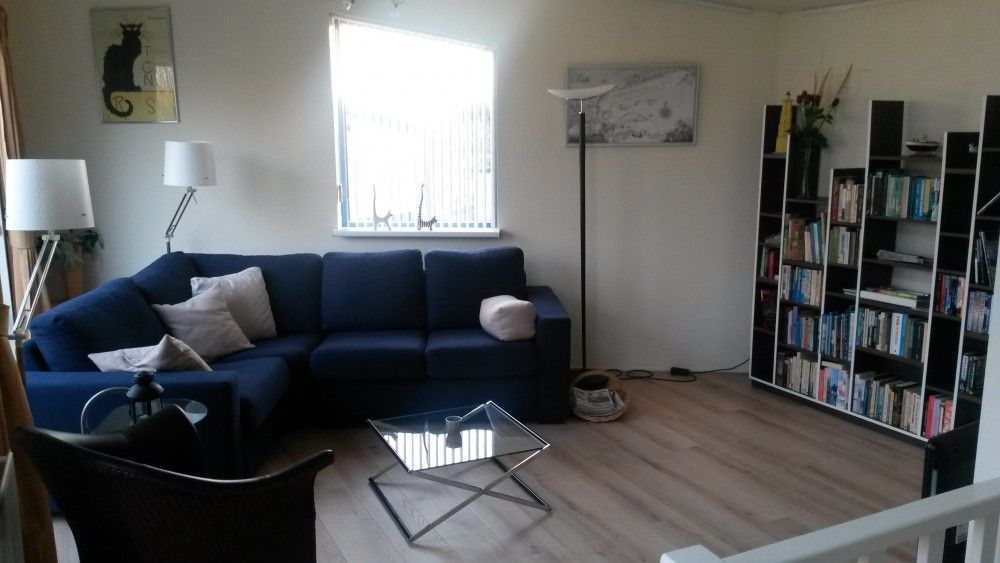 Spacious reading corner in Glissando bungalow, Midsland Noord, Terschelling with bookshelves and modern furnishings.