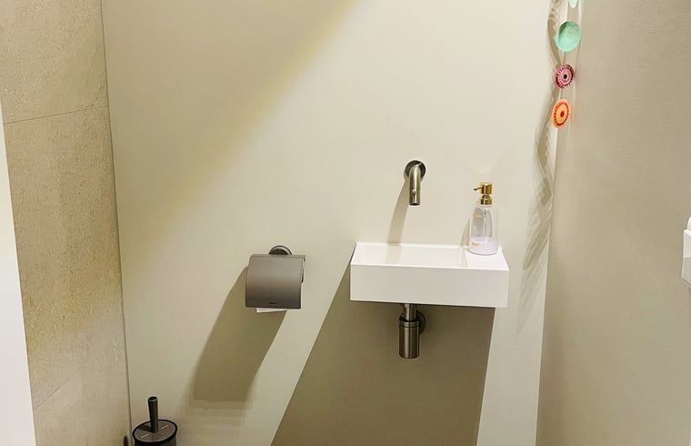 Minimalistisch toilet in vakantiehuisje in Ballum, Ameland met moderne afwerking.