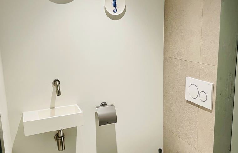 Stijlvol toilet in vakantiehuisje in Ballum, Ameland met subtiele decoraties.