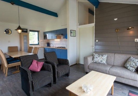 Cozy living room of BORNRIF COTTAGE 6 in Hollum, Ameland, with comfortable sitting area and modern kitchen on the Wadden Islands.