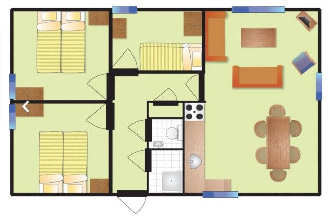 Floor plan of BORNRIF COTTAGE 6 in Hollum, Ameland, with layout of bedrooms, living room and kitchen on the Wadden Islands.